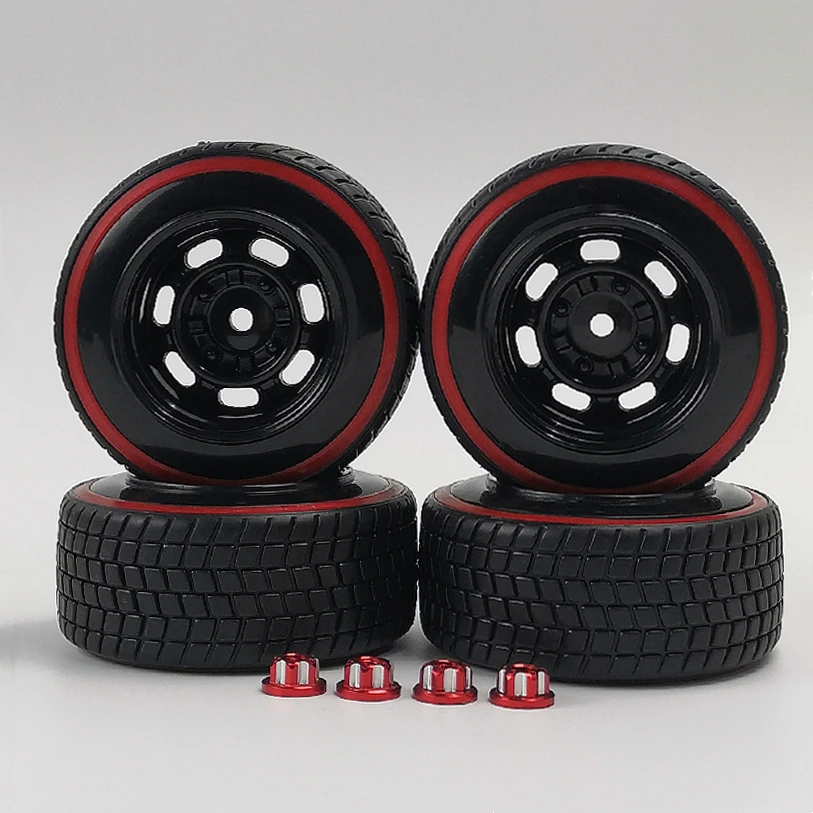 4pcs 9mm Offset 1/10 Scale Plastic Wheels Rims with Hard Plastic Tire with Red Insert RC Car Drift On road Touring Model Hobby