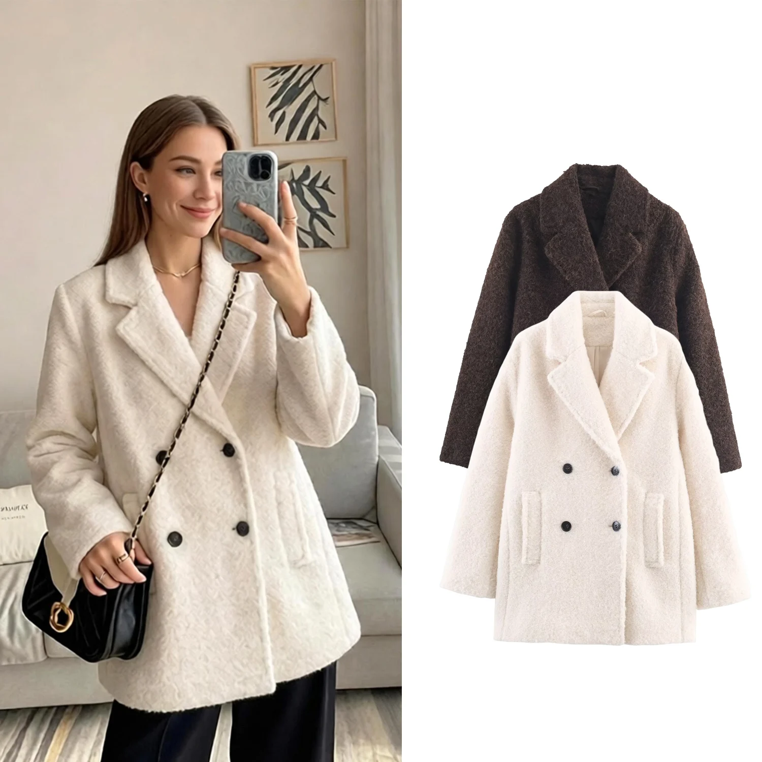 Woman Beige Pearl Velvet Overcoat Autumn Winter Female Double Breasted Long Sleeves With Pockets Coats Lady Casual Street Jacket