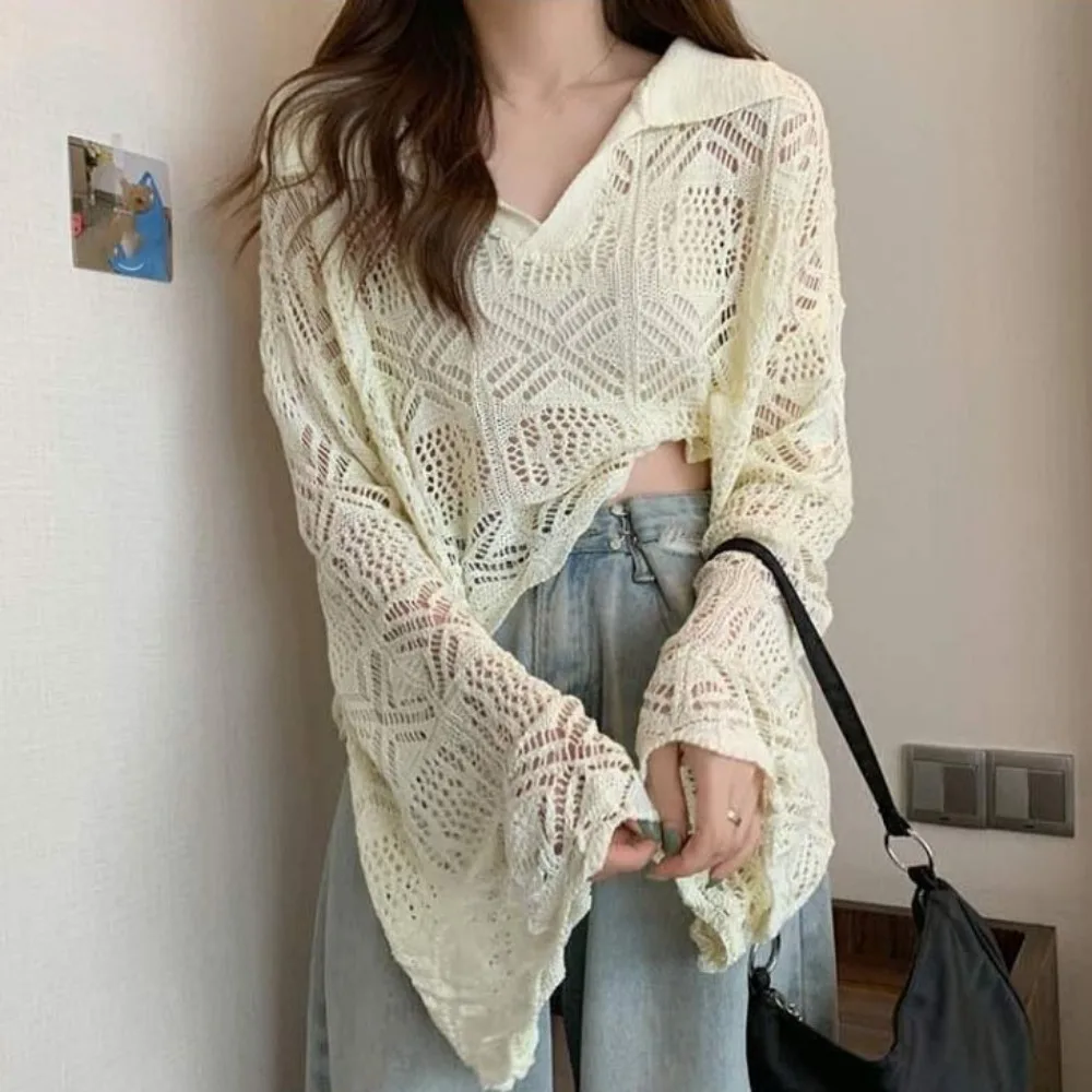 

Simple V-neck Hollow Out Knit T-shirt Long Sleeve Loose Crochet Knitwear Korean Style Beachwear Sweet Girl's Beach Top Girl