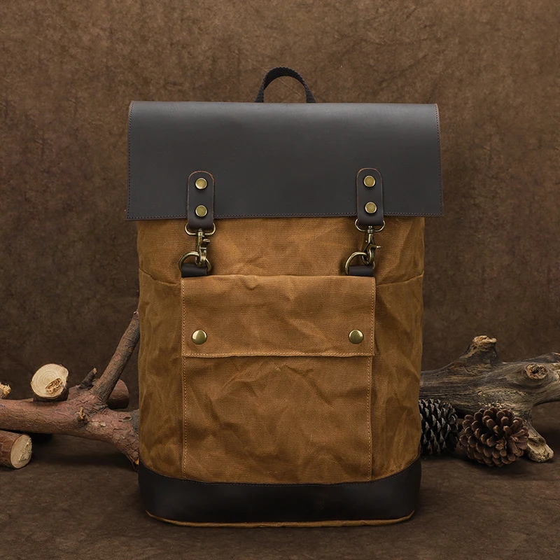 Vintage Oil Waxed Canvas Leather Outdoor Backpack Teenager School Bag Waterproof Daypacks 15