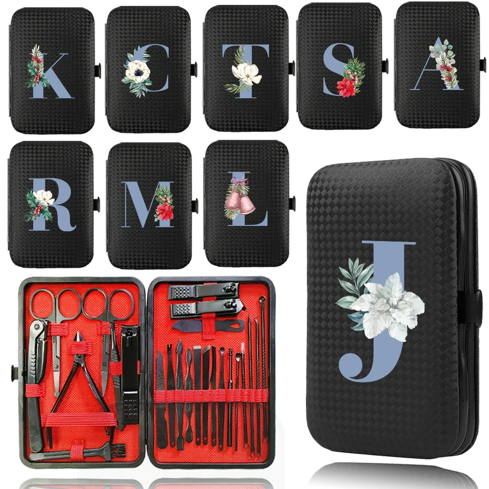 24Pcs Stainless Steel Nail Clipper Set Manicure Tool Case Portable Pedicure Kit Leather Travel Organizer Bag Blue Letter Pattern