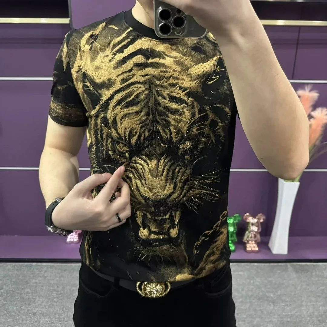 Personalized Tiger Head Hot Stamping Print Casual Tee Shirt Homme Trendy And Fashionable Men's Summer New Short Sleeved T-shirt