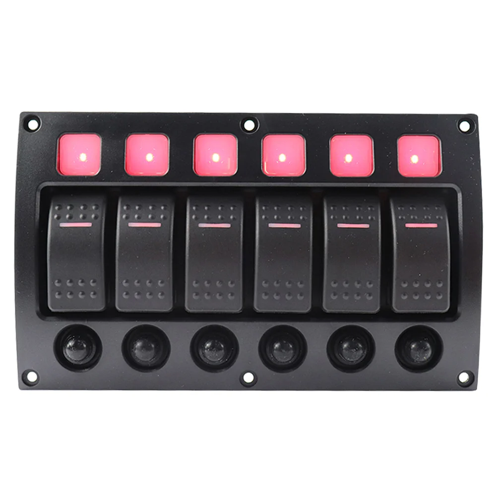 12V/24V IP66 Waterproof 6 Gang LED Indicator Curved Panel with Circuit Breakers for Car RV Yacht Truck Bus - Red Light (Black)