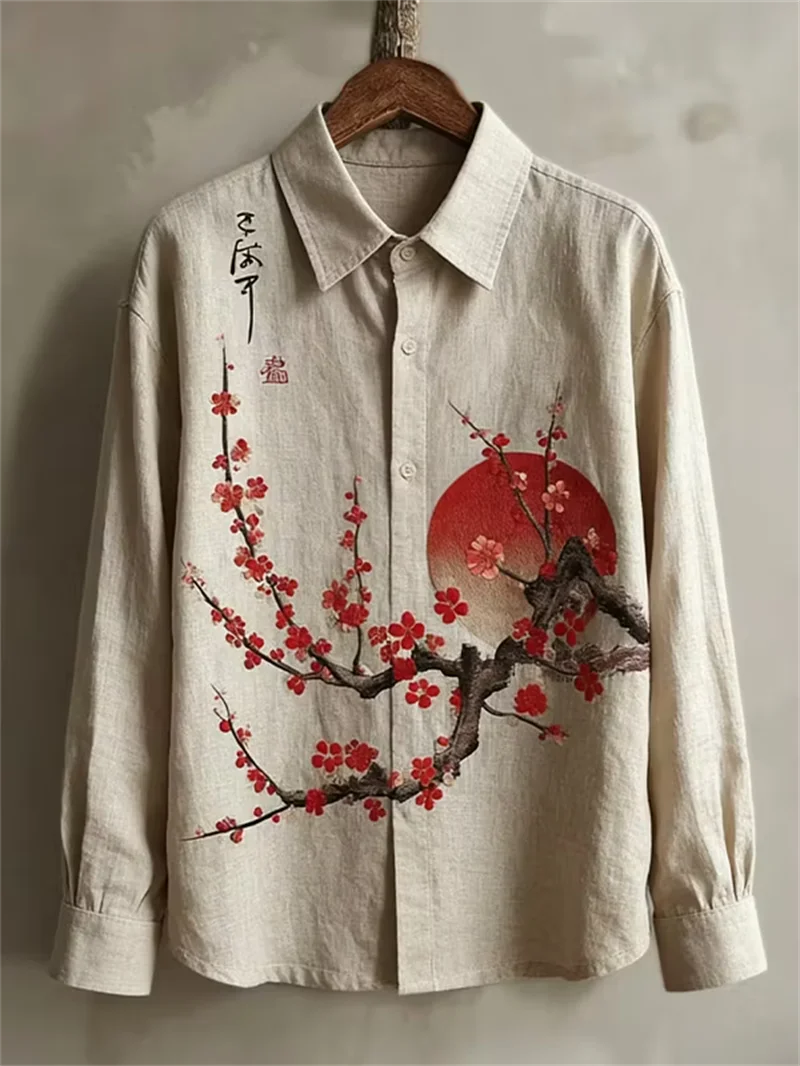 New Japanese Zen Style Shirt with Beige Base, Plum Blossom Rising Sun and Style Print, Retro Long-Sleeved Shirt