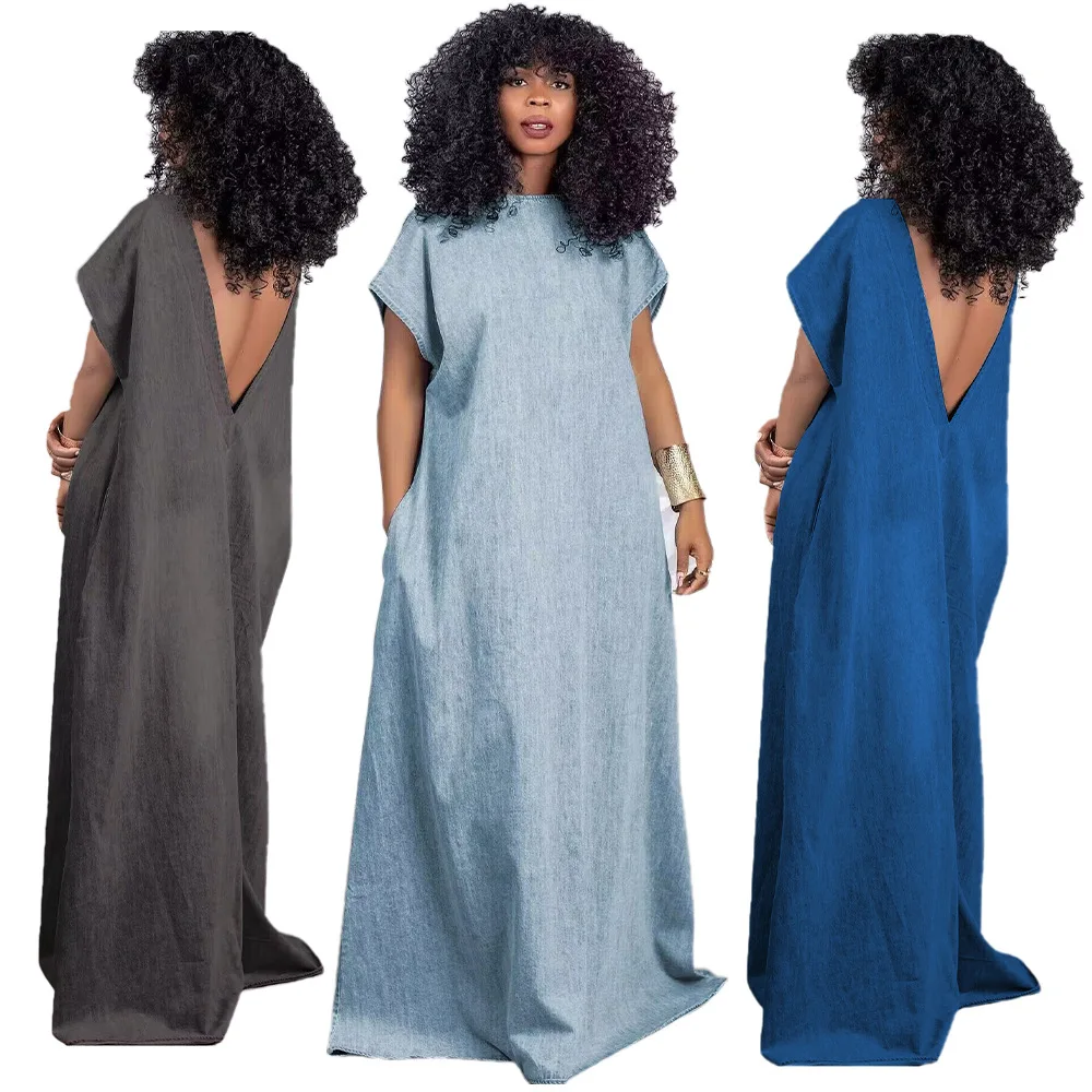 Women\'s Summer Vintage Loose Deep V Backless Dress 2024 Casual and Slouchy Denim Short Sleeve Long Viscose Women Dress LOOSE