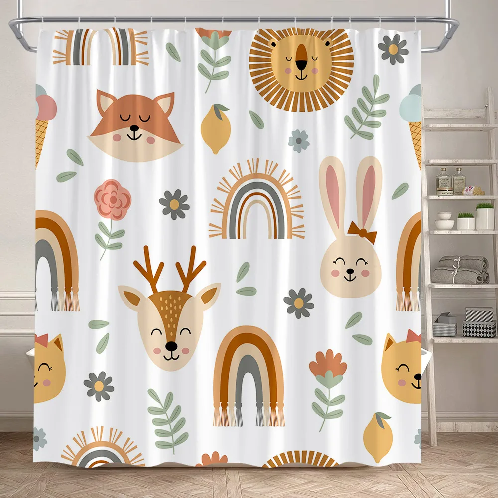 Cartoon Animals Shower Curtains Cute Fox Lion Deer Rabbit Autumn Floral Plant Kids Bath Curtain Polyester Bathroom Bathtub Decor