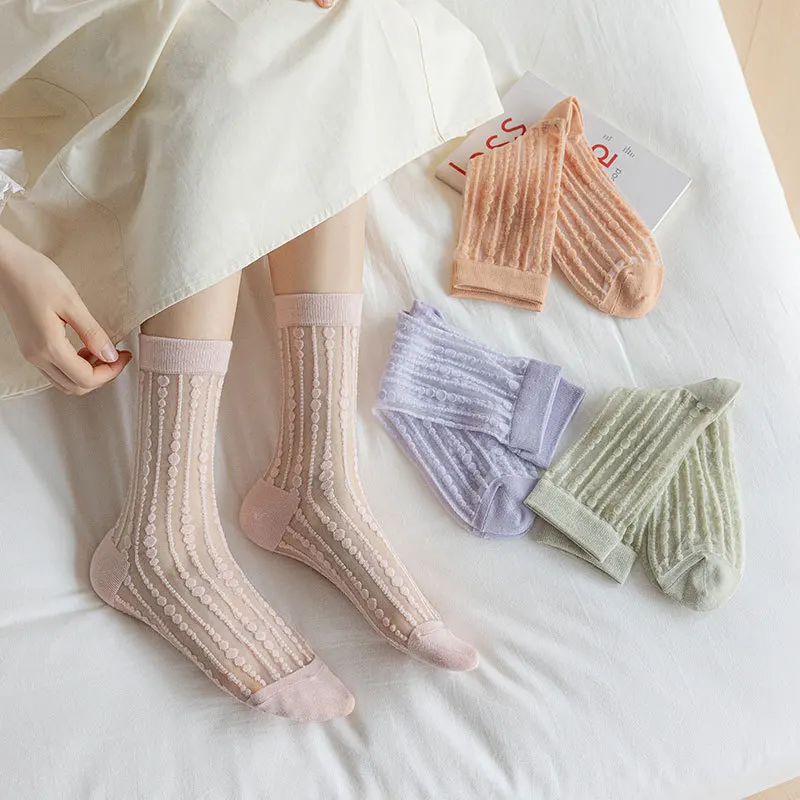 1/7 Pairs Summer Thin Mid Tube Glass Fiber Women's Socks with Cotton Sole and Card Silk Transparent Versatile and Comfortable