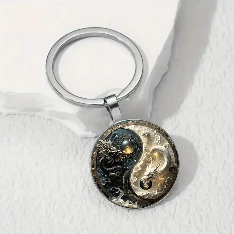 يين يانغ التنين المفاتيح الأزياء سبيكة قلادة أسود أبيض التنين تصميم هدية فريدة للحقائب وحقائب الظهر
