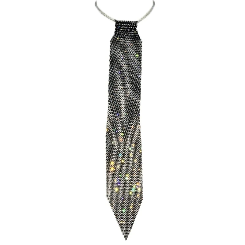 50JB Sparkling Crystal Rhinestones Mesh Net Long Necktie Necklace with Adjustable Extended Chain for Women Men Wedding Party