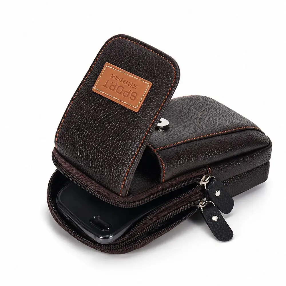 New PU Leather Man Belt Pouch 6.5inch Multiple Layers Phone Case Modern Zipper Belt Hanging Pouch Men's