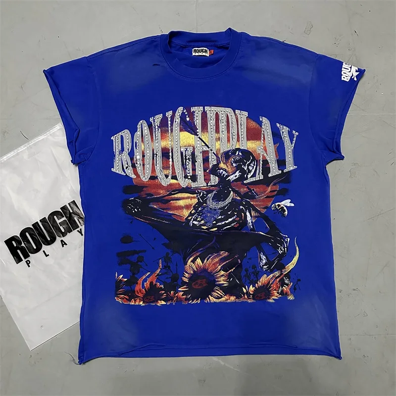 Hot Drill Letters Rough Skull Print Shirts Hip Hop Men Women Oversized Washed Blue Sleeveless Vest T-shirts