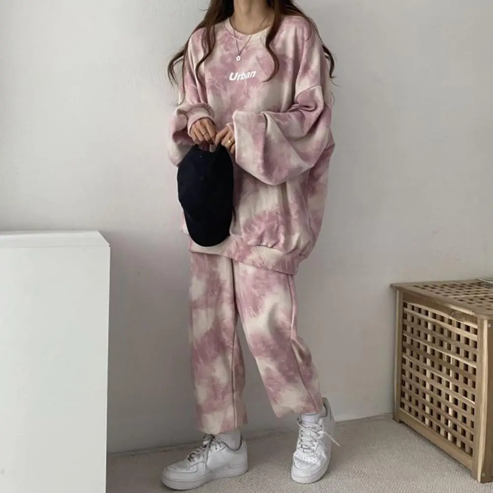 2 Piece Set Women Outfit Letter Print Tie Dye Hoodies Sweatshirt Pants Tracksuit 2022 Plus Size Streetwear Casual Suit