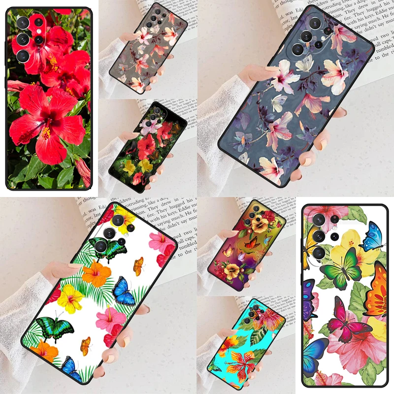 Butterflies Hibiscus Flowers Phone Case For Samsung Galaxy S24 S23 S22 S21 Ultra S10 Note 10 Pro S20 Plus FE S9 S8 Cover