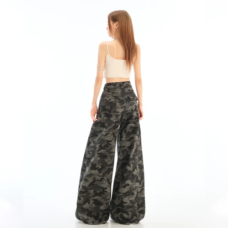 American Sle Workwear Wide Leg Retro Camouflage Jeans Women's High Waist Slim Loose Drapey High Street Straight Leg Pants