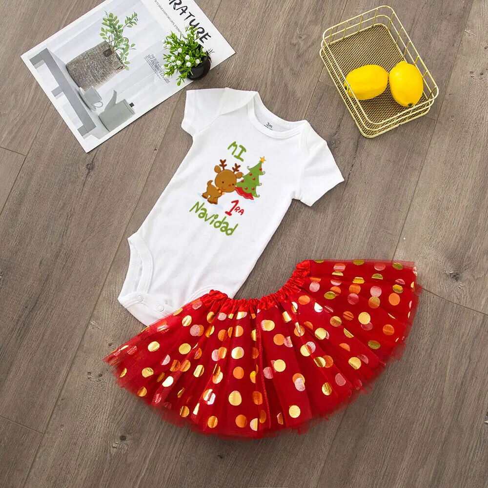 My First Christmas Deer Print Baby body, conjunto de falda de tutú, vestido de pastel infantil, traje de niña, Mono para niño pequeño, ropa de