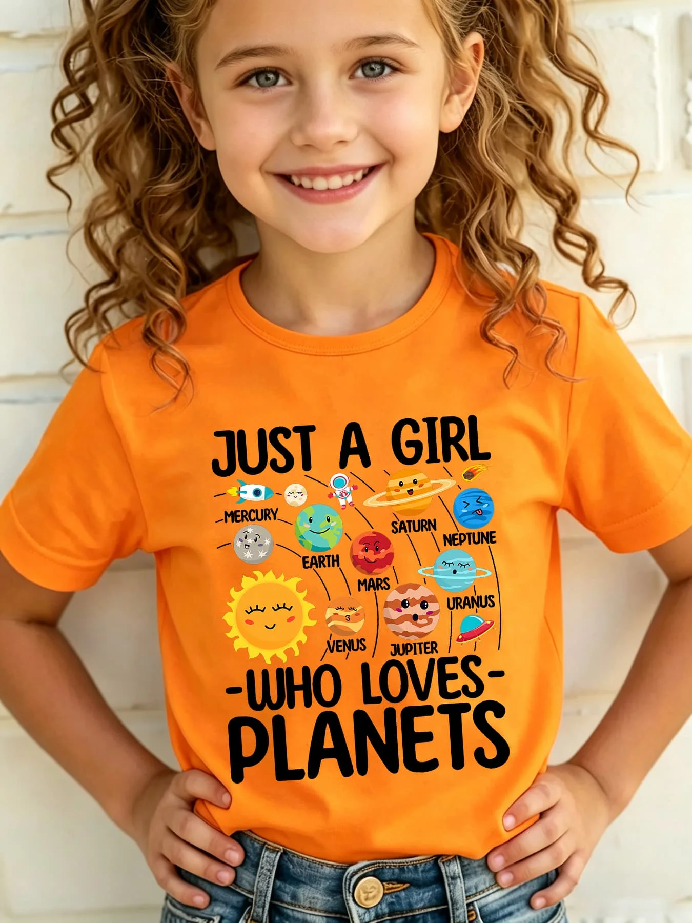 Cute Just A Girl Loves Planets Space Print Family Matching T Shirt Boys Girls Summer Short Sleeve Tees Parent‑Child Daily Tops