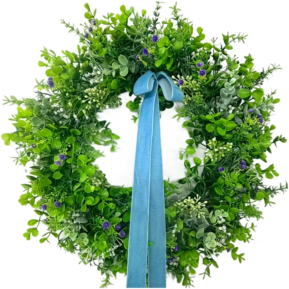 Green Leaf Blue Ribbon Artificial Floral Wreath Ring For Easter Spring Summer Home Garden Wall Door Decor