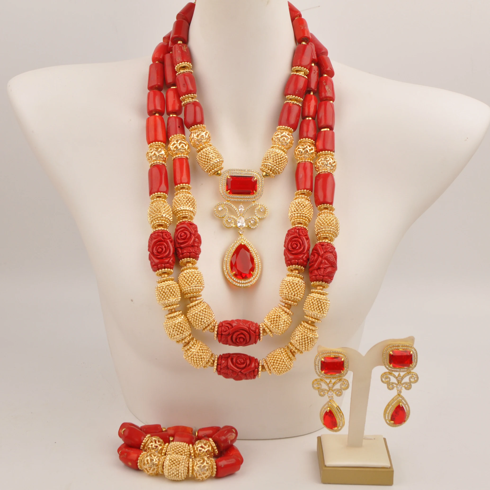 Red African Coral Bead Jewelry Nigerian Traditional Wedding Necklace Sets