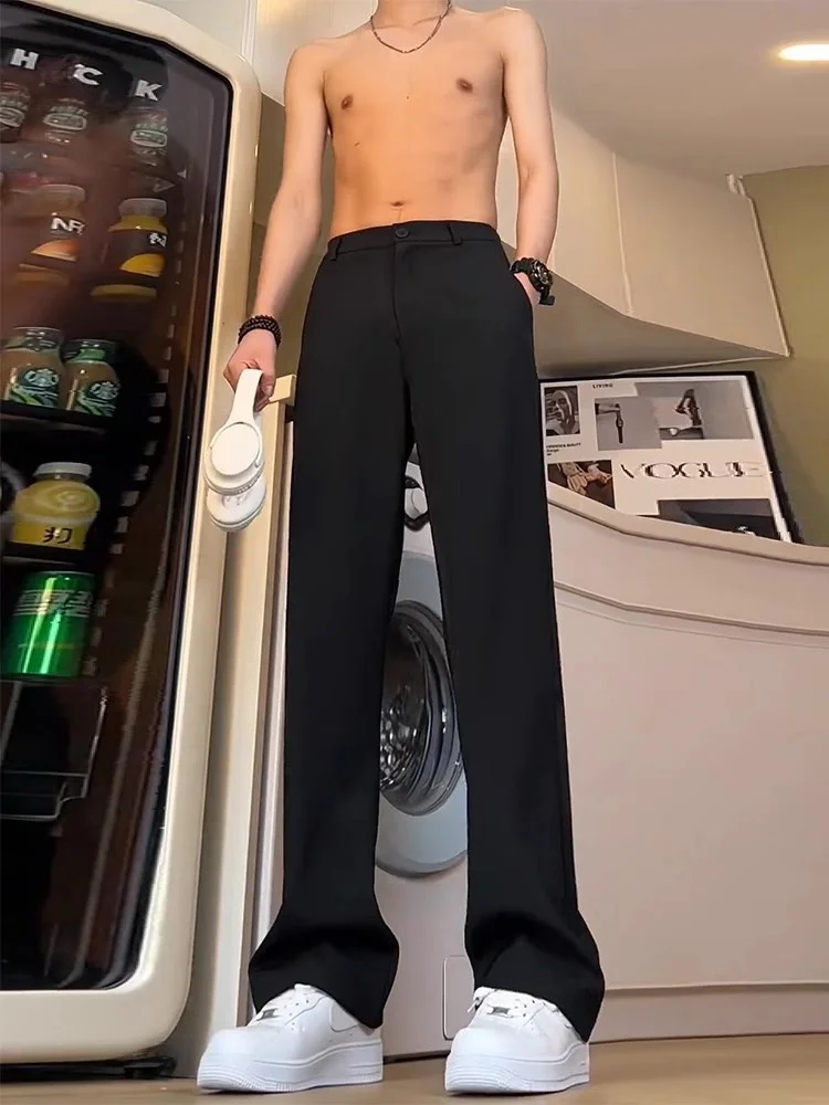 

Pure Black Men's Ice Silk Pants Slimming Straight Leg Casual Trousers Lightweight Drapey Summer Trousers mid Waist Long Pants