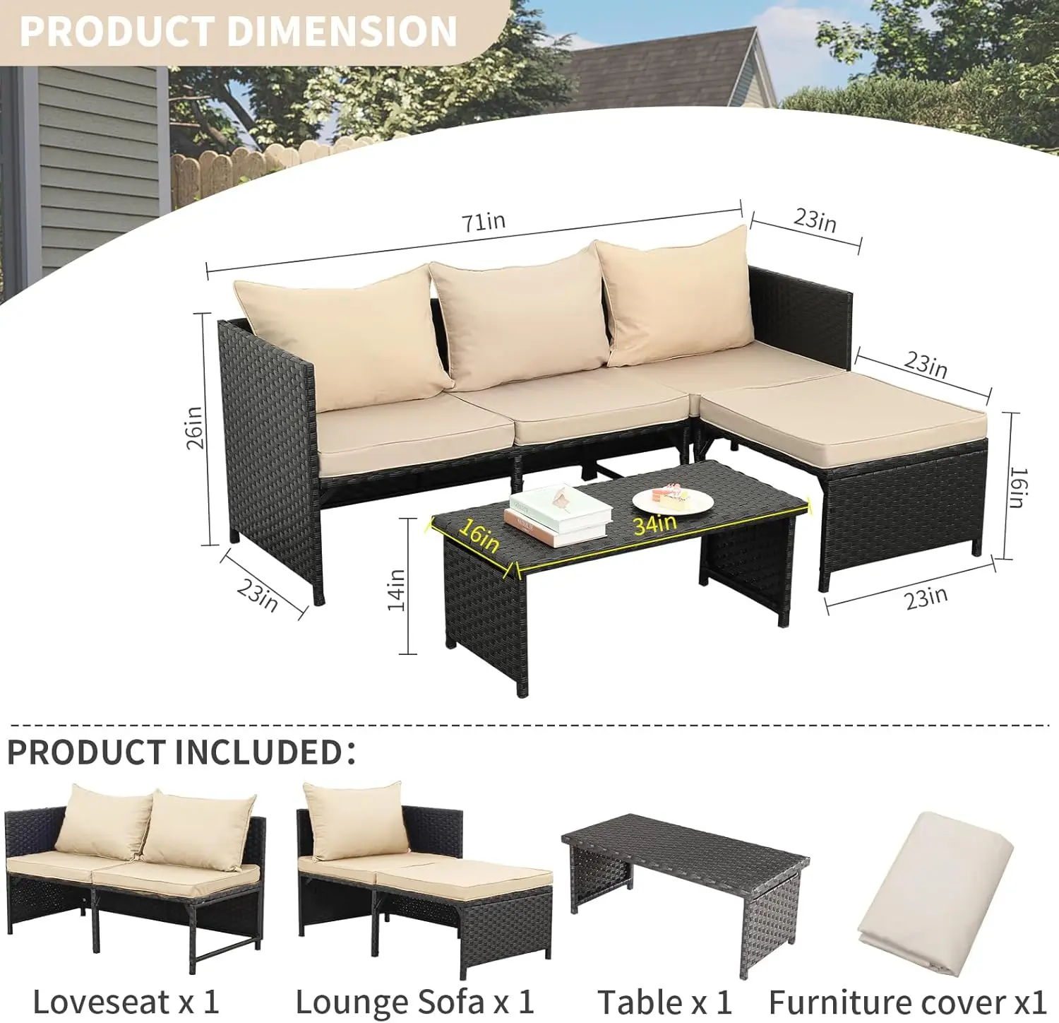 Outdoor PE Rattan Móveis Set, Pátio Wicker Conversação Loveseat, sofá secional, 3 Pcs