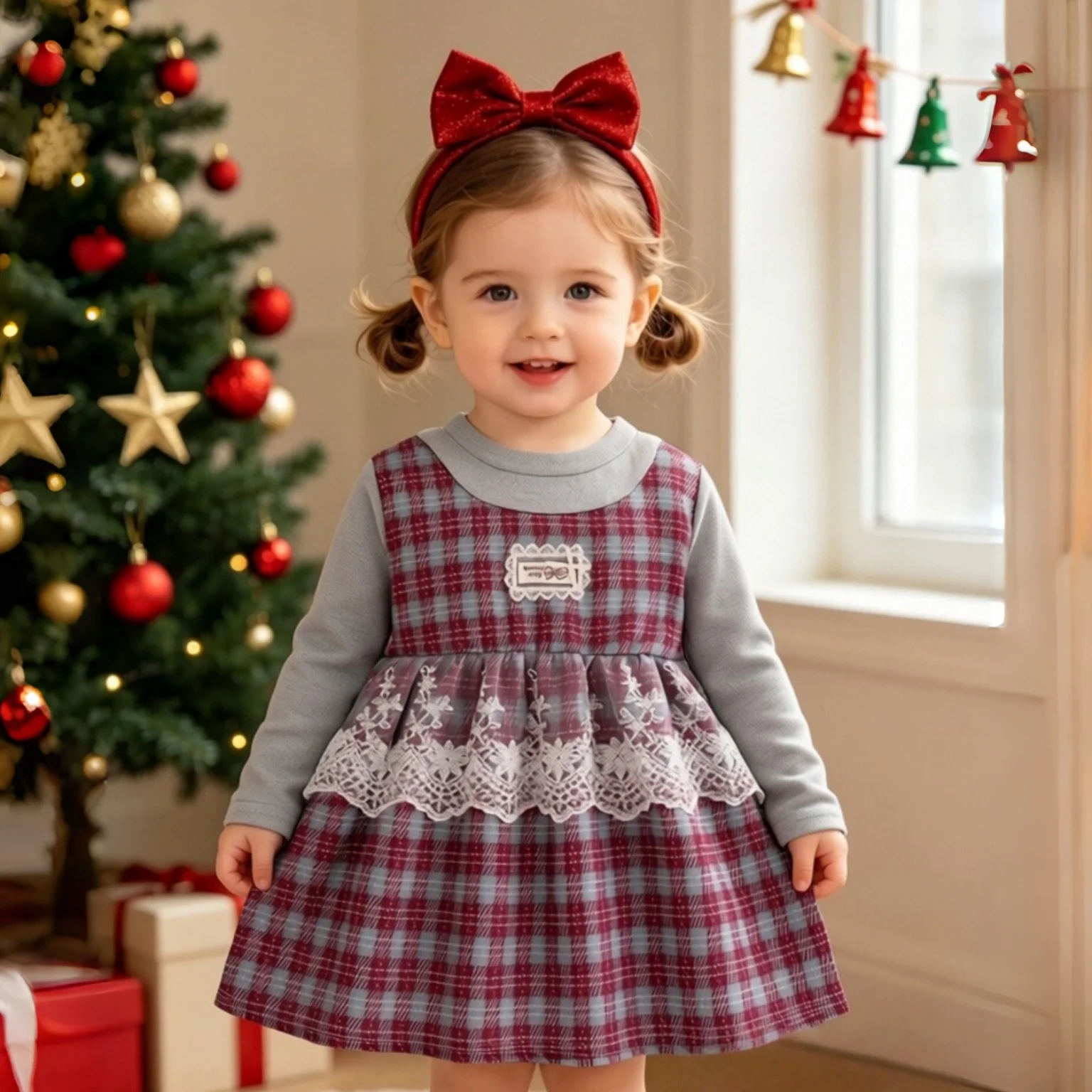 Christmas 9 Months - 3 Years Baby Girl Dress Autumn Long Sleeved Plaid Lace Edge Patchwork Sweet Daily Outdoor Wear Baby Dress