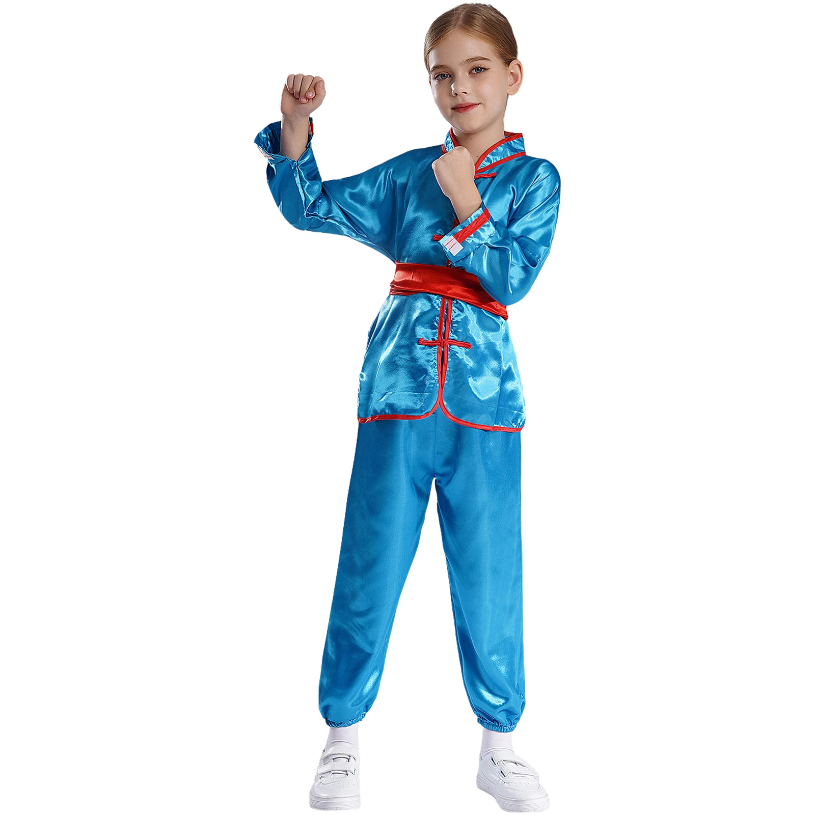 Children Chinese Kung Fu Suit Wushu Martial Arts Tai Chi Outfit Long Sleeve Satin Tops with Pants Belt Stage Performance Costume