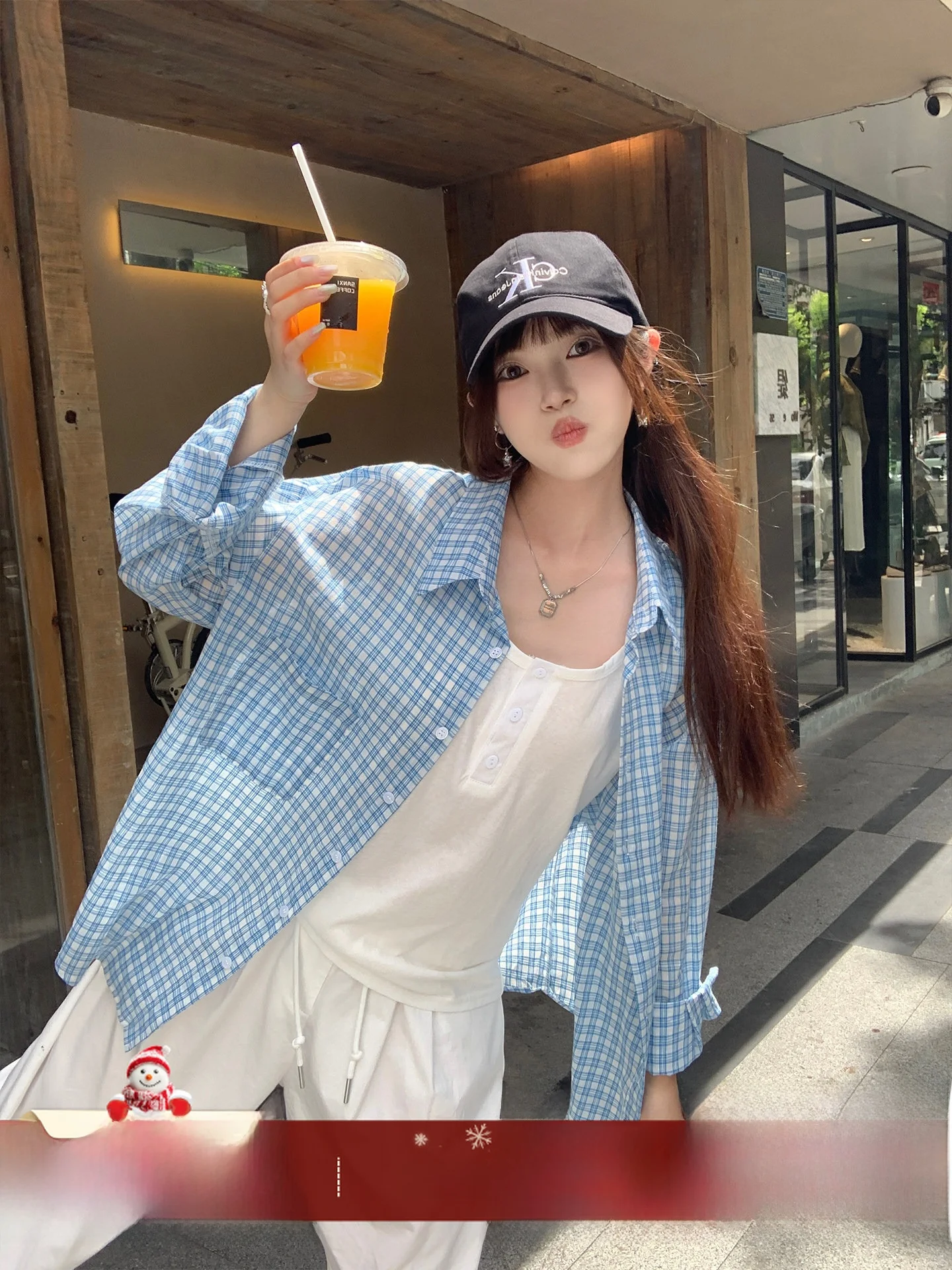 

Свободная повседневная женская рубашка в клетку, летняя коллекция 2025, новая модель, солнцезащитный топ, синий, с длинным рукавом, воротник, хлопок, поликоттон