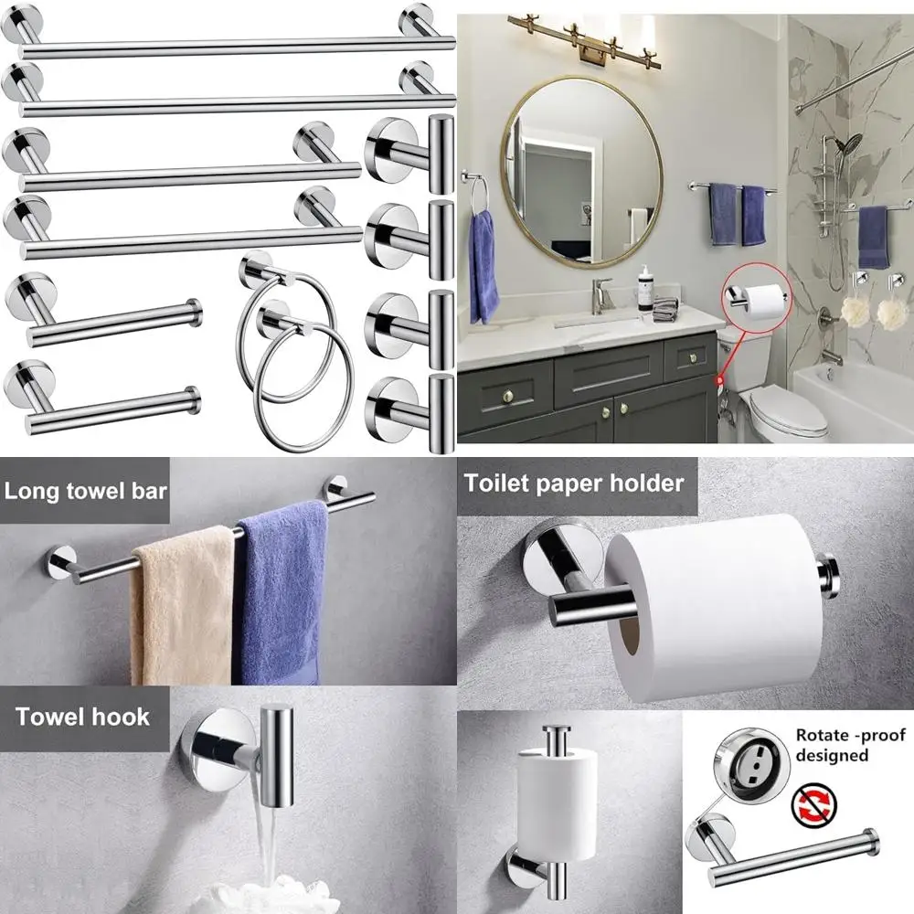 

Chrome Bathroom Hardware Set: 16-23.6 Inch Towel Bar, Hand Towel Ring, Toilet Paper Holder, Round Towel Accessories