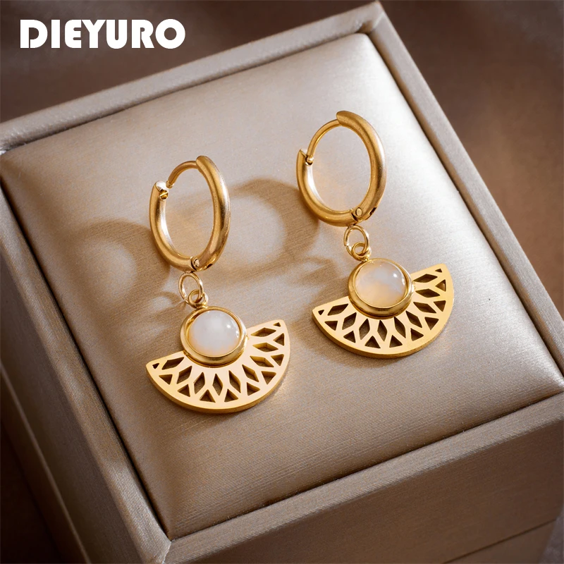 DIEYURO 316L Stainless Steel Half Round Honeycomb Cream Stone Hoop Earrings For Women Vintage Girls Jewelry Party Gifts Серьги