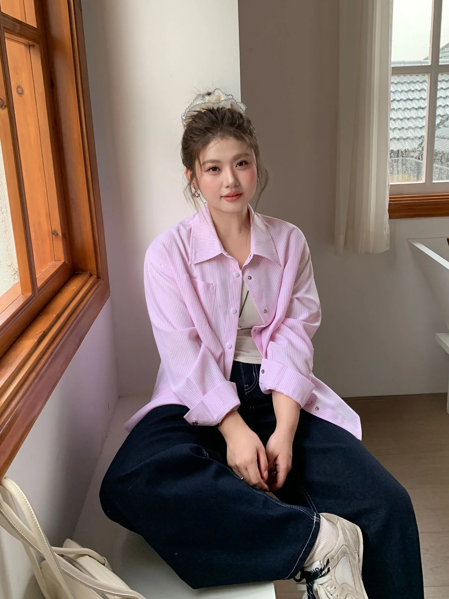 YUZI Fi Roe Poer Striped irt Jaet Cardigan ouvert ample amincissant pour femme, grande taille, style universitaire, Automne Hiver