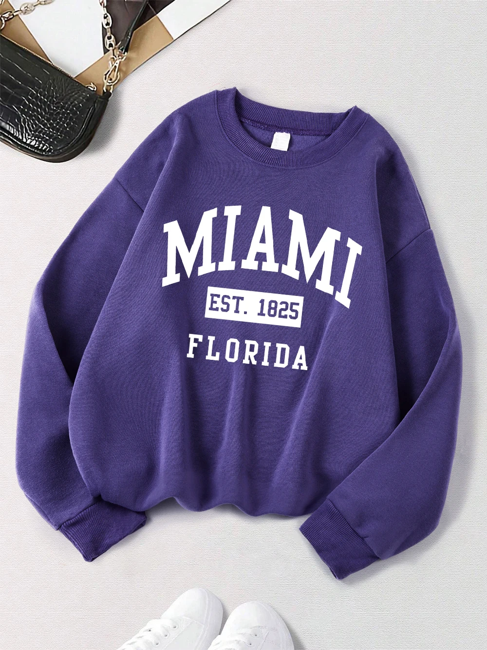 Miami Est 1825 Florida Prints Sweatshirt Damen Fleece Warm All-Match Hoodie Rundhalsausschnitt Lose Pullover Winter Bequeme Kleidung