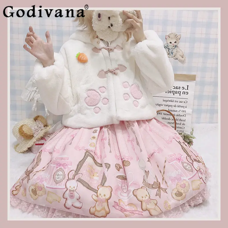 

Lolita Bunny Ears Cute Warm Plush Coat Female Lolita Thick Imitation Rabbit Fur Jacket Women's Double Layer Plush Jacket