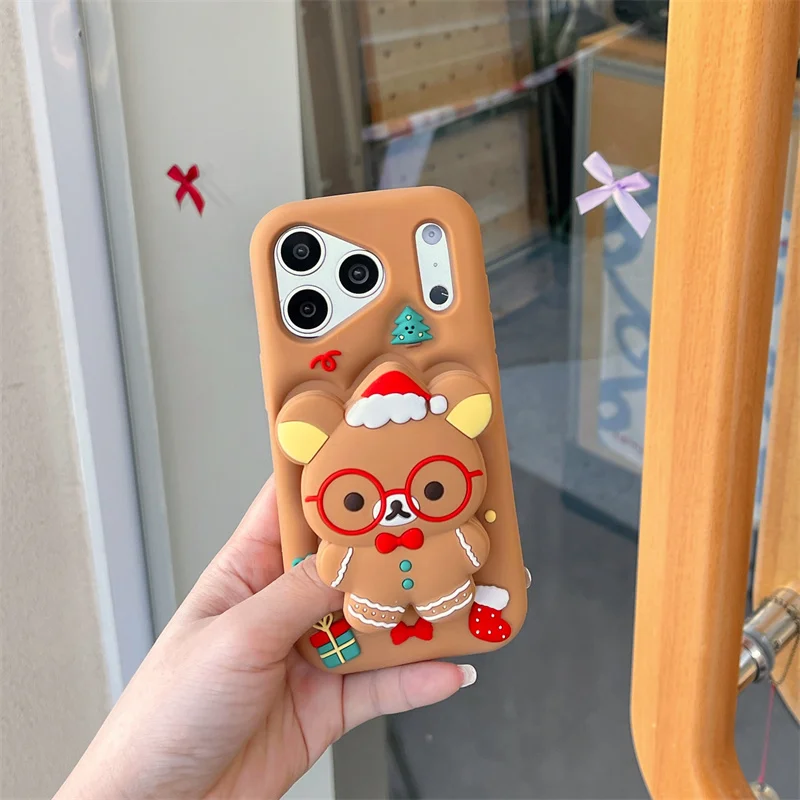 

For iphone 17 pro max Christmas fold bracket Soft Silicone Phone Case for iphone 15 14 13 Pro Max Cartoon Bear Cute Patterns