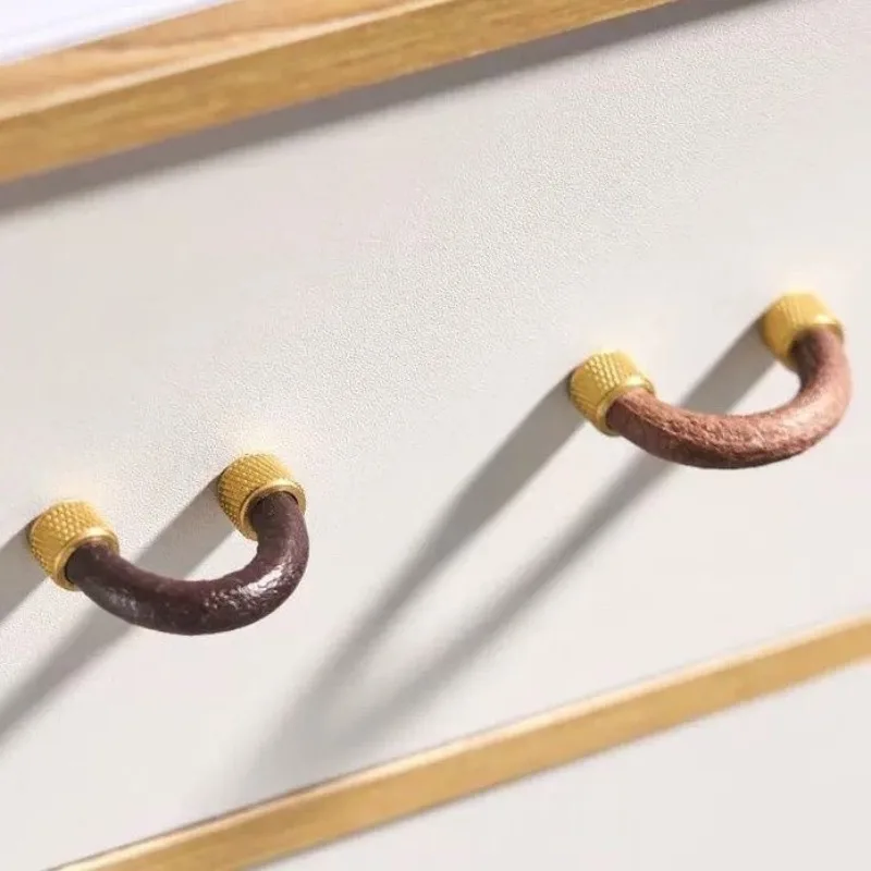 Brass + Leather Cabinet Pulls Handle Eco-friendly Modern Cabinet Door Drawer Furniture Hardware Handle Nordic