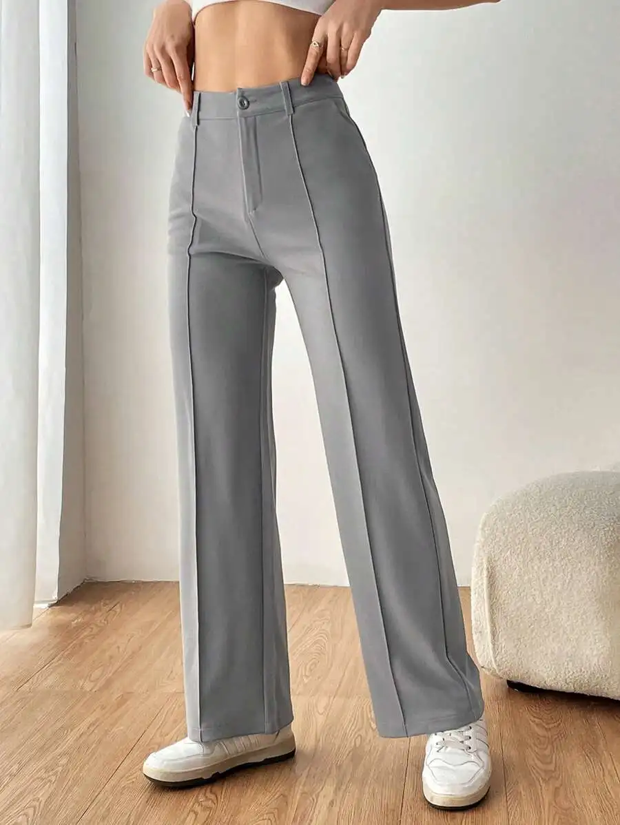 

Women's Gray Solid Wide-Leg Straight Fit Suit Pants for Fall Winter