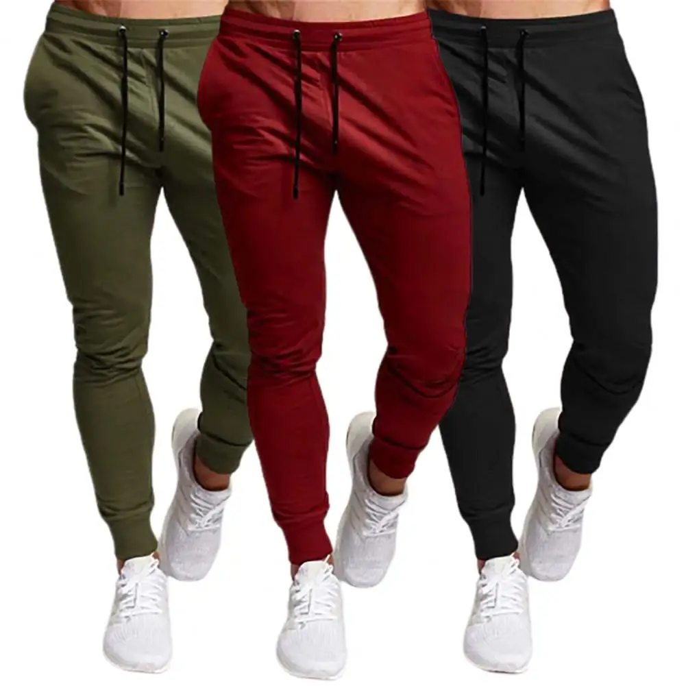 Heren Sportbroek Effen Kleur Elastische Taille Trekkoord Enkelband Zachte Fitness Zweetabsorptie Joggingbroek Mannelijke Kleding