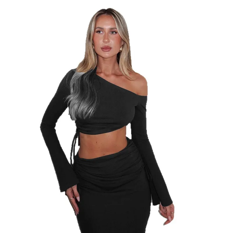 Ensemble jupe 2 pièces Sexy pour femmes, épaules dénudées, manches longues, haut court et jupe Maxi, tenues de Festival en boîte de nuit