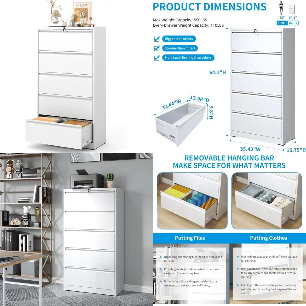 Steel Home Office Lateral File Cabinet with Lock, 5-Drawer Metal Filing Cabinet for Wide Horizontal Storage Solutions