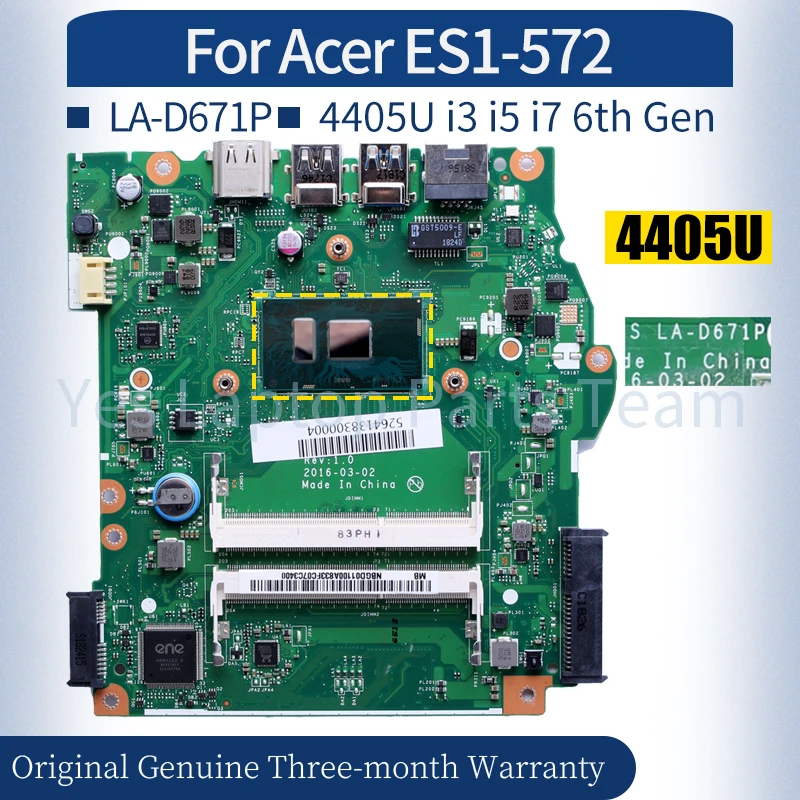 

LA-D671P For ACER ES1-572 Laptop Mainboard NBGD01100 NBGD011002 NBGD011009 NBGD01100 4405U i3 i5 i7 6th Gen Notebook Motherboard