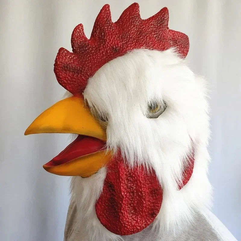 

White Plush Rooster Headgear Latex Mask Chicken Head Masque Animal Dress Up COS Halloween Prom Mask Rooster Headgear Mask