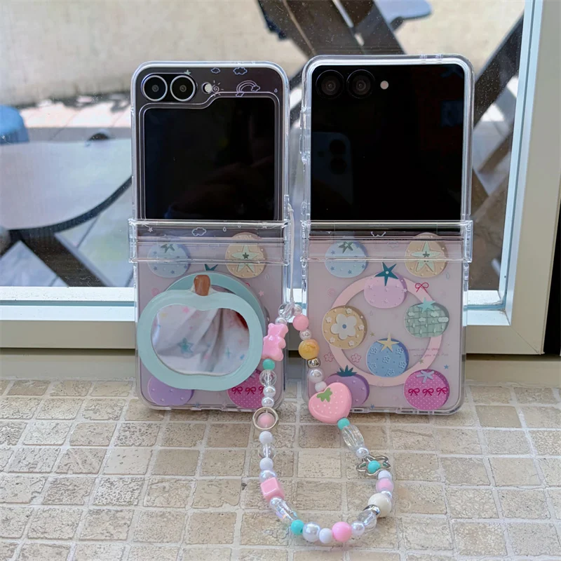 Pastel Color Circle Patch Phone Case For Samsung Z Flip5 6 7 FE Z Flip8 Hinge Cover With Mirror Pop Socket & Candy Bead Wrist