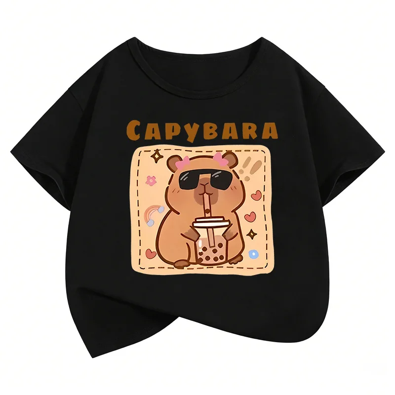 Lustiges Capybara-Trinksaft-Design T-Shirts Manga Kinder T-Shirt Jungen Mädchen Sommer Frühling Lässiges Oberteil Tee