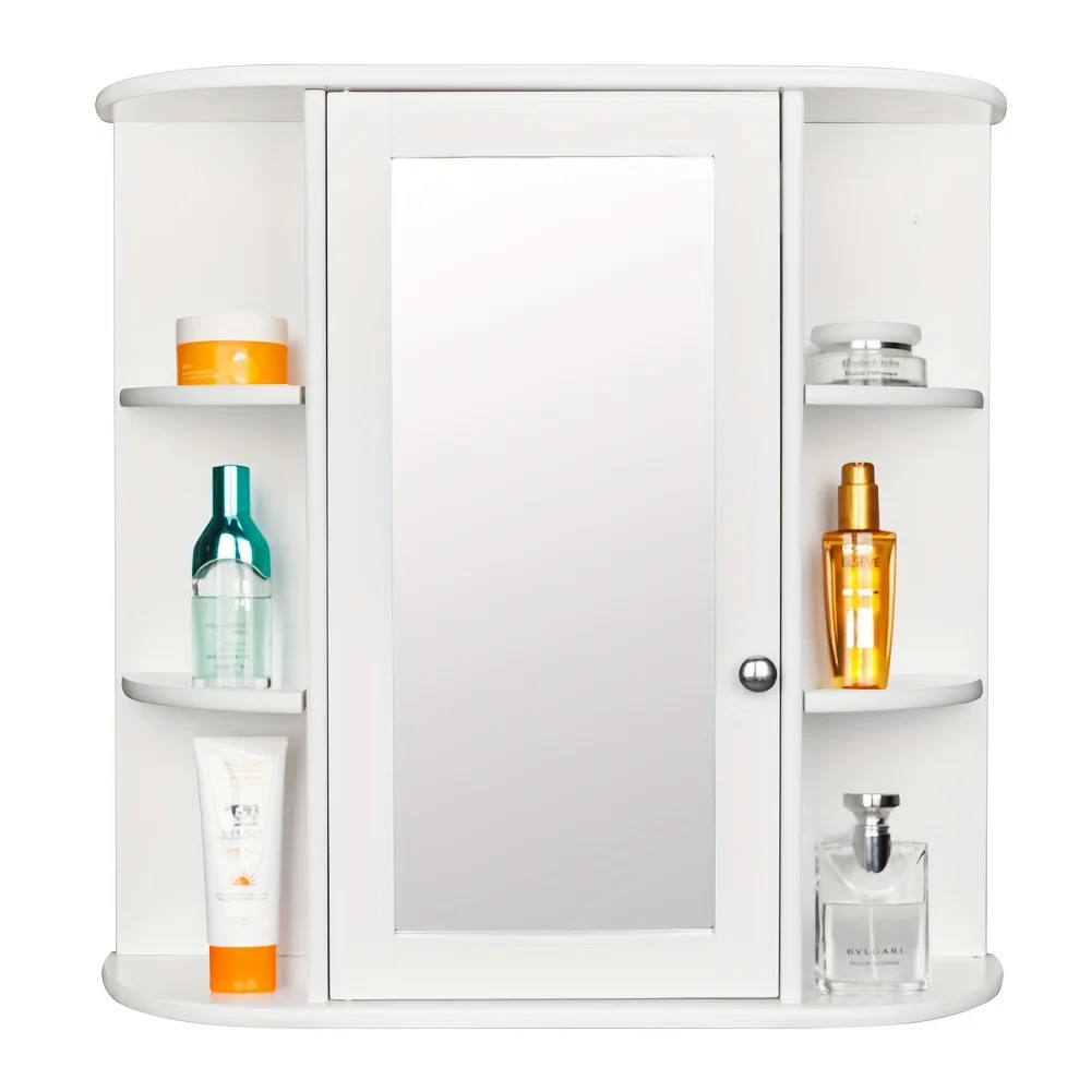 1pc Single Door Mirror Cabinet - 3-Tier Indoor Bathroom Wall Mounted Cabinet Shelf with White Finish