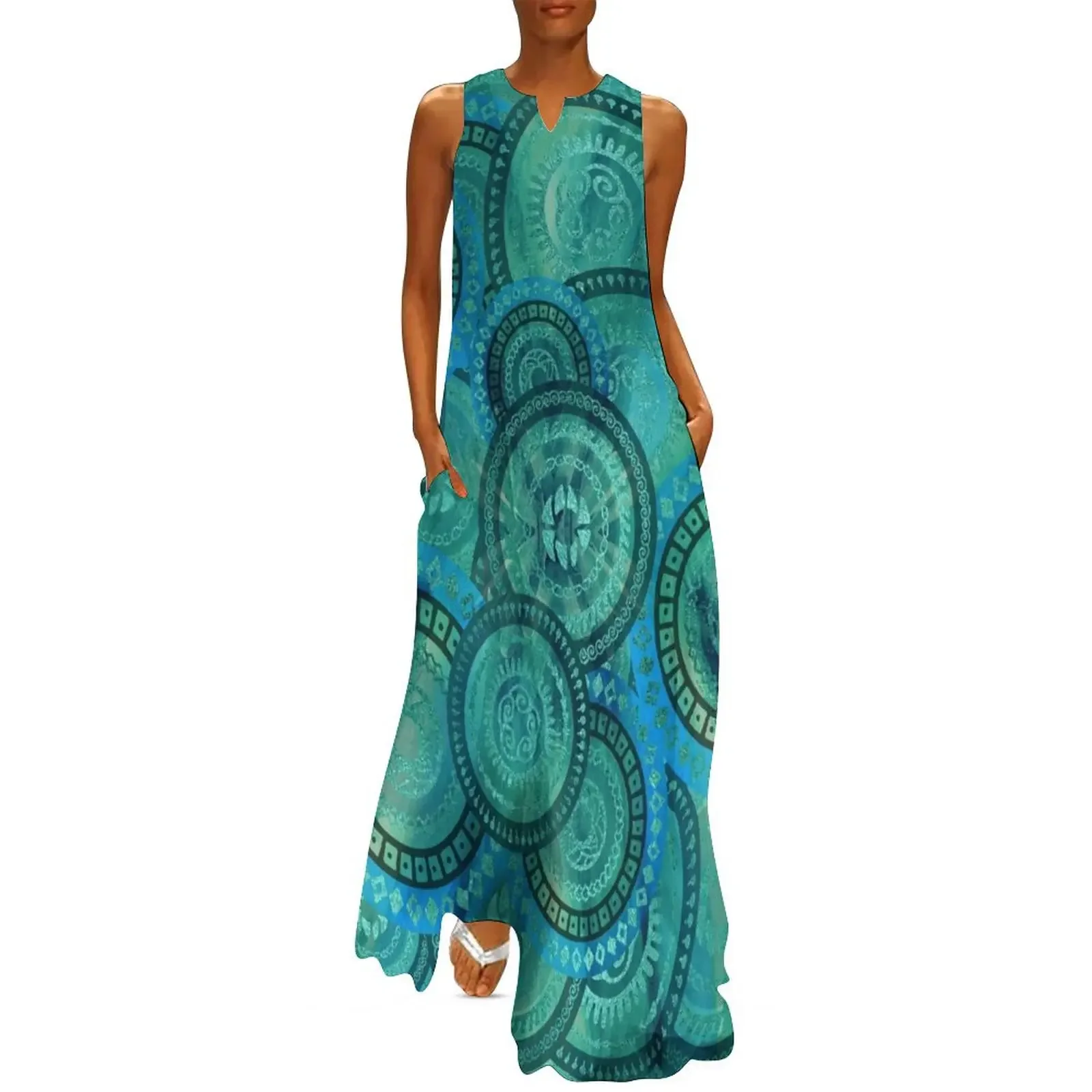 

Gentle Teal and blue Circular Tribal pattern Long Dress loose women's dress women dress