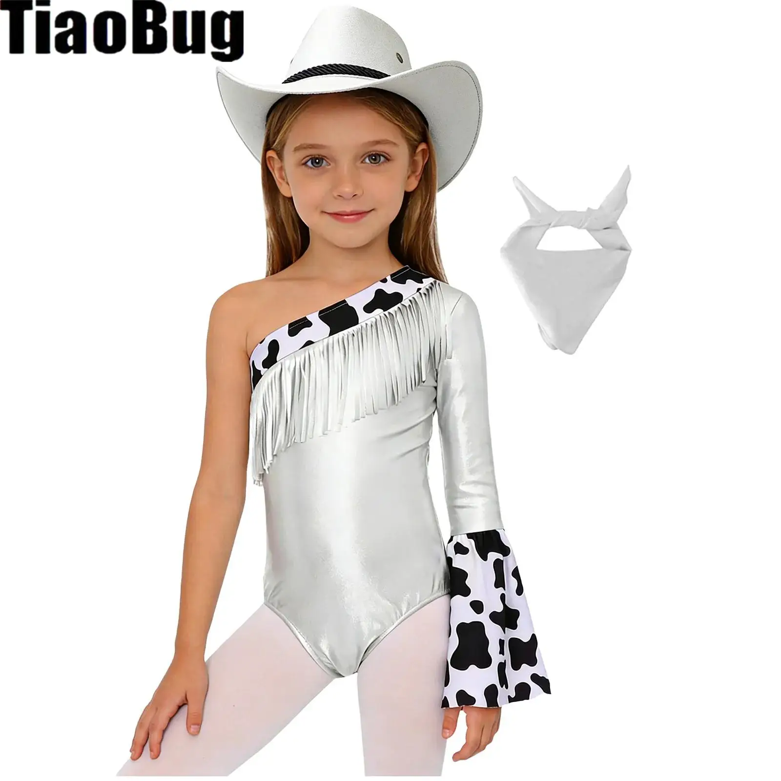 

Kids Girls Western Cowgirl Costume Sets Fringed Metallic Crotch Press Buttons Bodysuit with Drawstring Hat And Bandanna Set