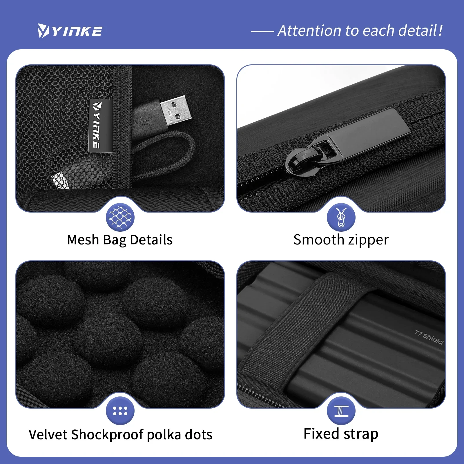 YINKE Portable Travel Storage Shockproof ＆ Waterproof Protective SSD Case, Compatible with Samsung T7 Shield Hard Disk Drive Bag
