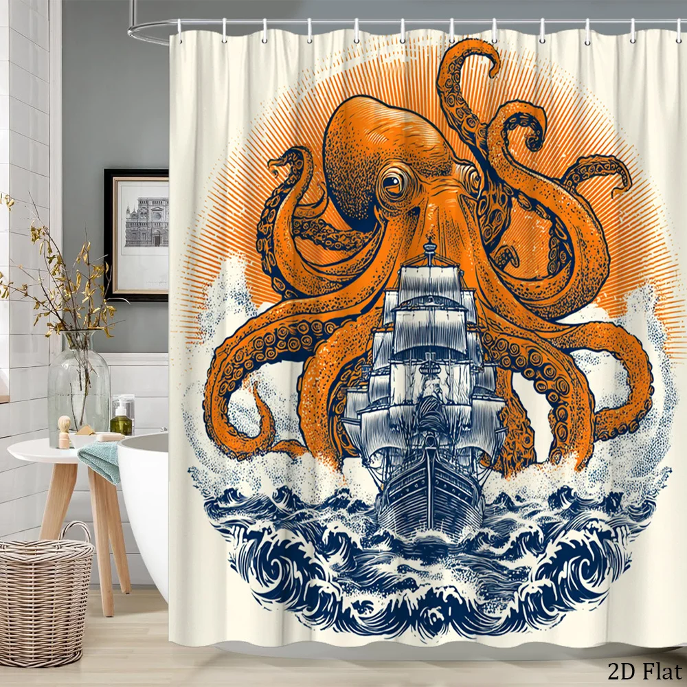 

Large Octopus Pirate Ship Shower Curtain Bath Decor Ocean Nautical Animal Print Bathroom Accessory