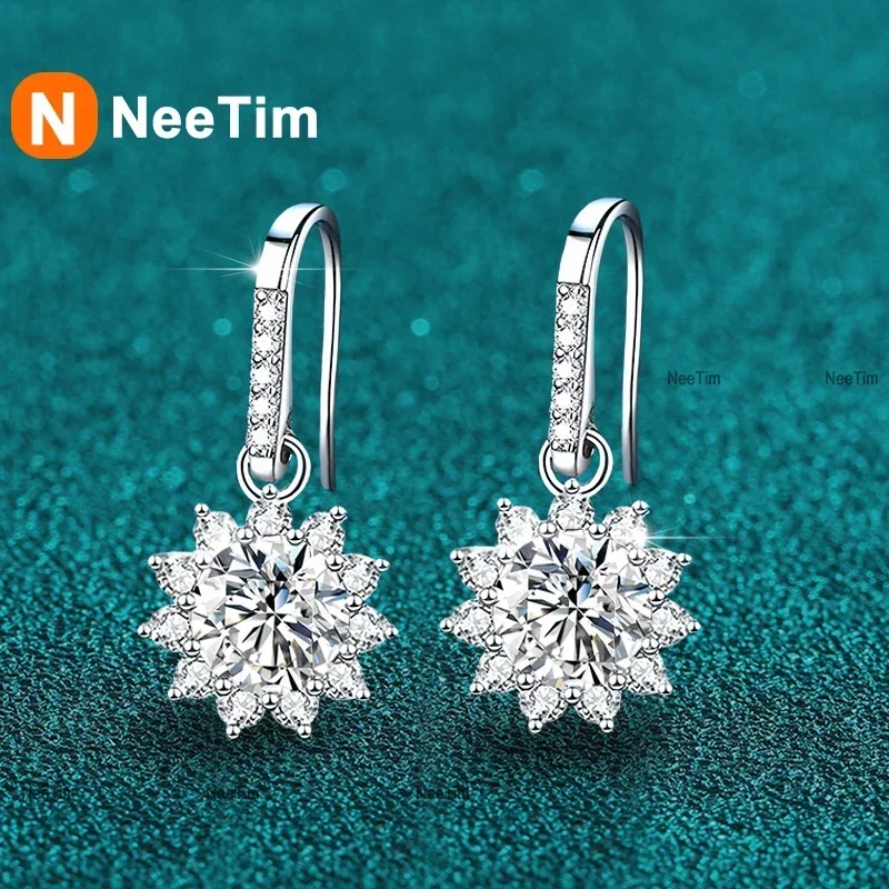 

NeeTim 1ct Moissanite Earring 925 Sterling Silver with White Gold Plated Hoops Drop Flower Earring for Women Wedding Jewelry