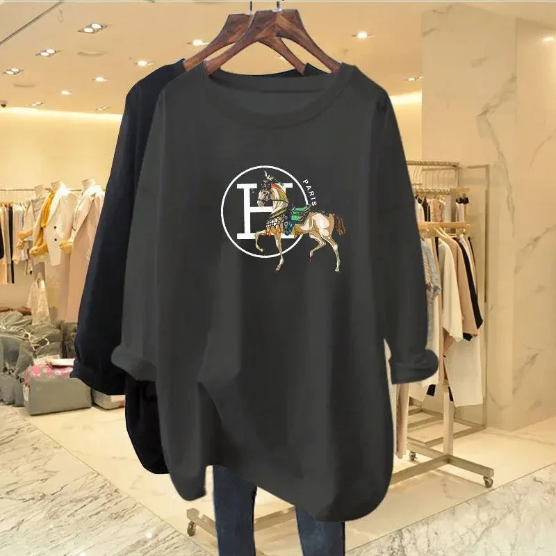 Women Clothing Chic Y2k Printed T-shirt Long Sleeve Pure Cotton O-neck Pullovers Autumn New Loose Casual All-match Top Tees