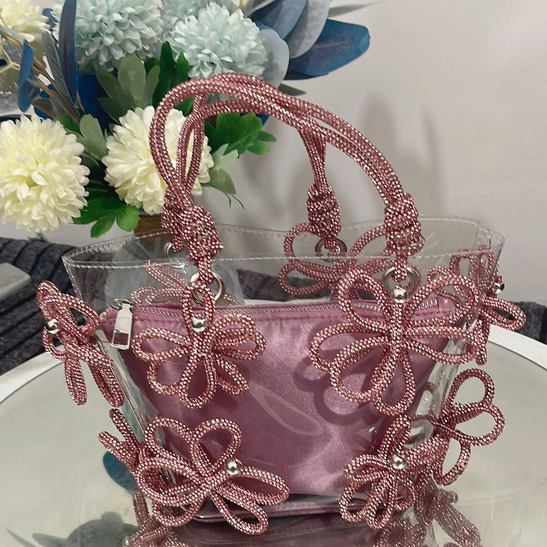 New Women\'s Bag Bring Diamond Inlaid French Fairy Bag Super Sparkling Rhinestone Flower Bucket Cabbage Basket Handbag